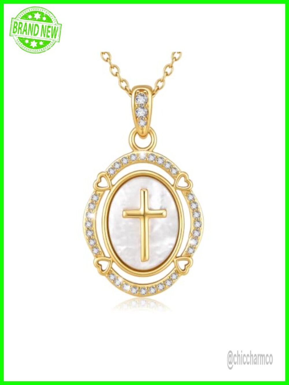 Sterling Silver Cross Necklace White Shell CZ Pendant 18+2" Chain